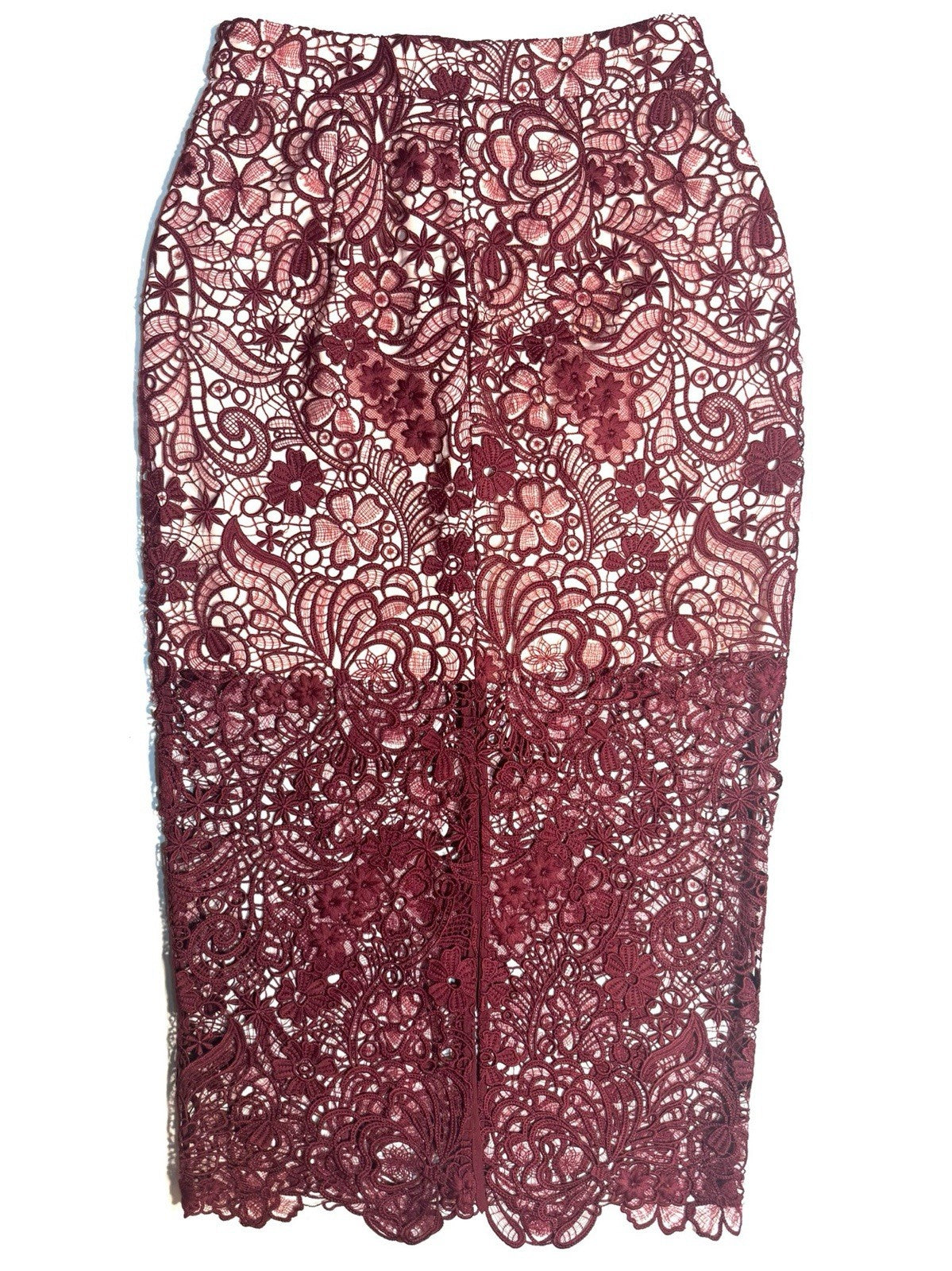 REISS Womens Flo Floral Lace Lined Pencil Skirt Burgundy Red (MSRP $320)