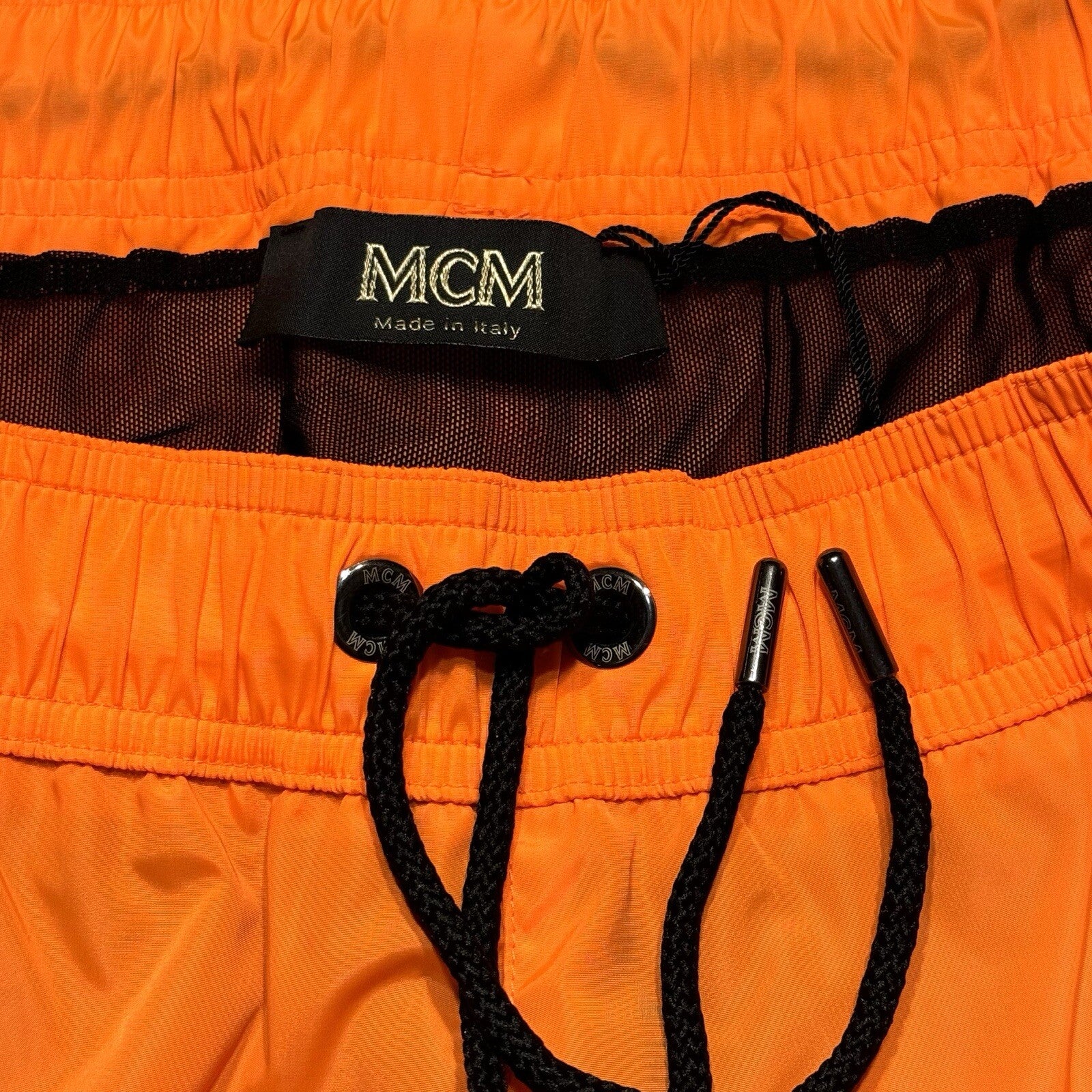 MCM Mens Logo Tab Swim Shorts Trunks Neon Orange (MSRP $330)