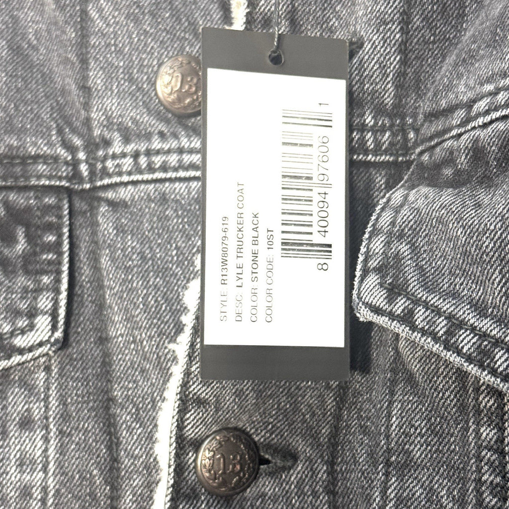 R13 Womens Lyle Denim Sherpa Long Trucker Parka Coat Stone Black L (MSRP $845)