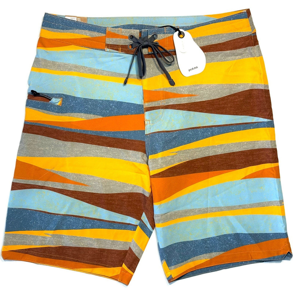 PRANA Mens 9in Fenton Board Shorts Swim Trunks Ochre Stripe Orange (MSRP $65)