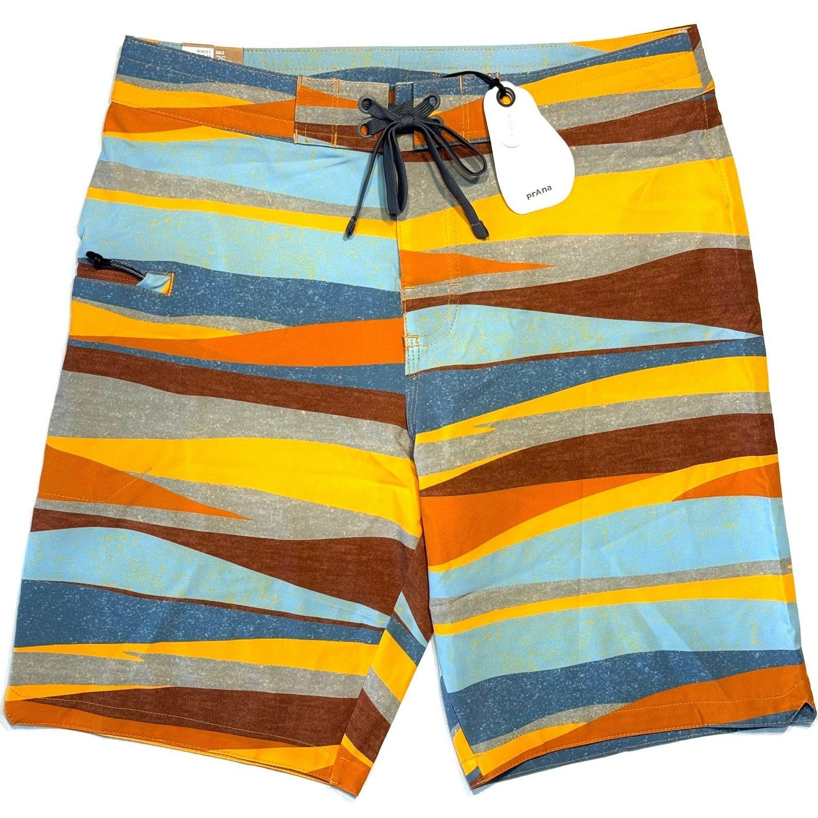 PRANA Mens 9in Fenton Board Shorts Swim Trunks Ochre Stripe Orange (MSRP $65)