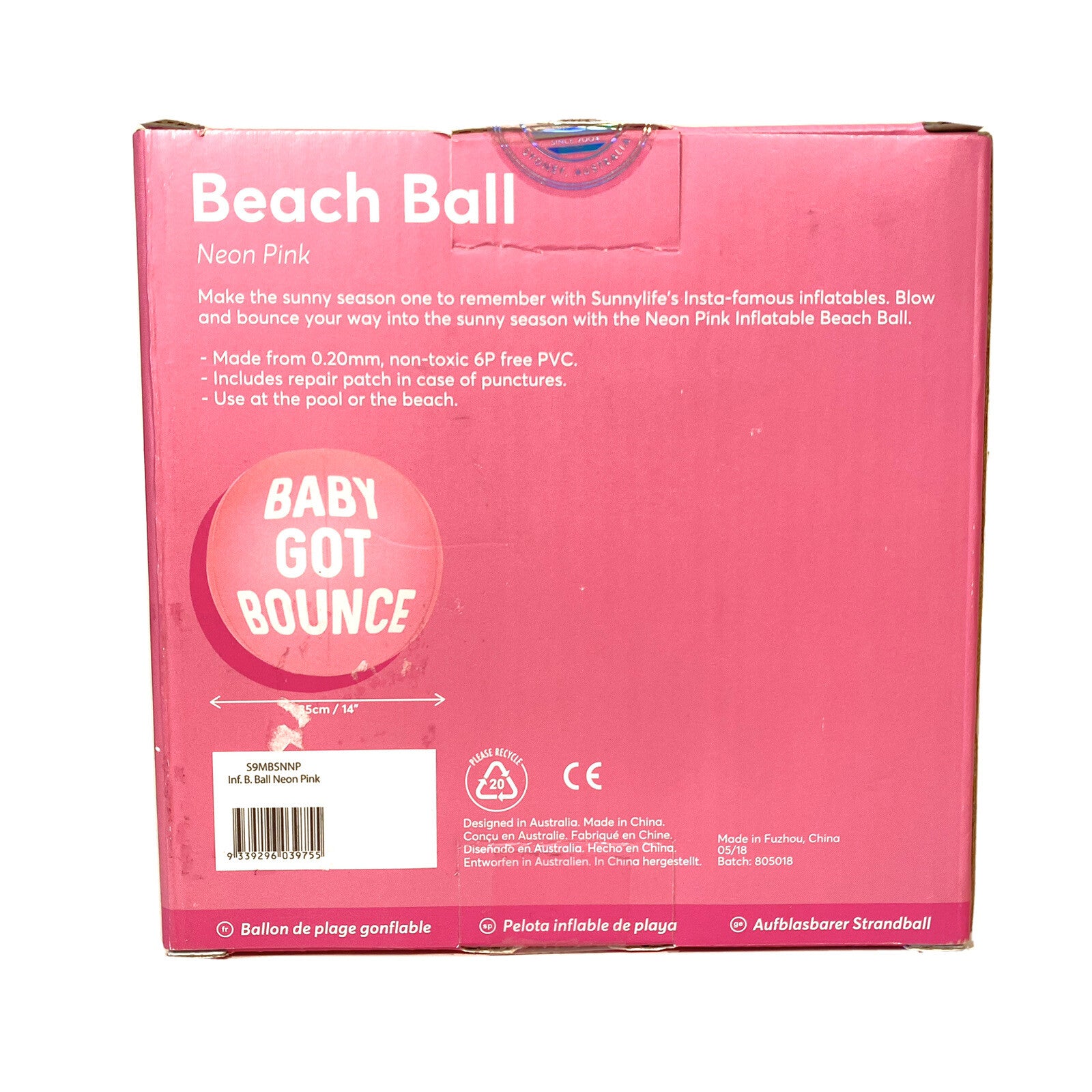SUNNYLIFE Baby Got Bounce Printed Inflatable PVC Pool Beach Ball Neon Pink 