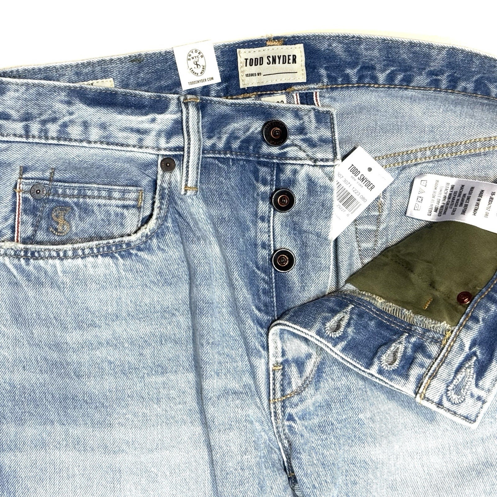 TODD SNYDER Mens Slim Fit Acid Wash Selvedge Denim Jeans Light Blue (MSRP $248)