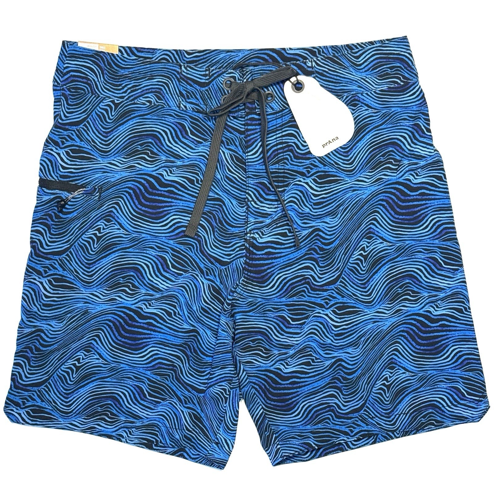 PRANA Mens 7in Fenton Board Shorts Swim Trunks Black Waves Blue (MSRP $65)