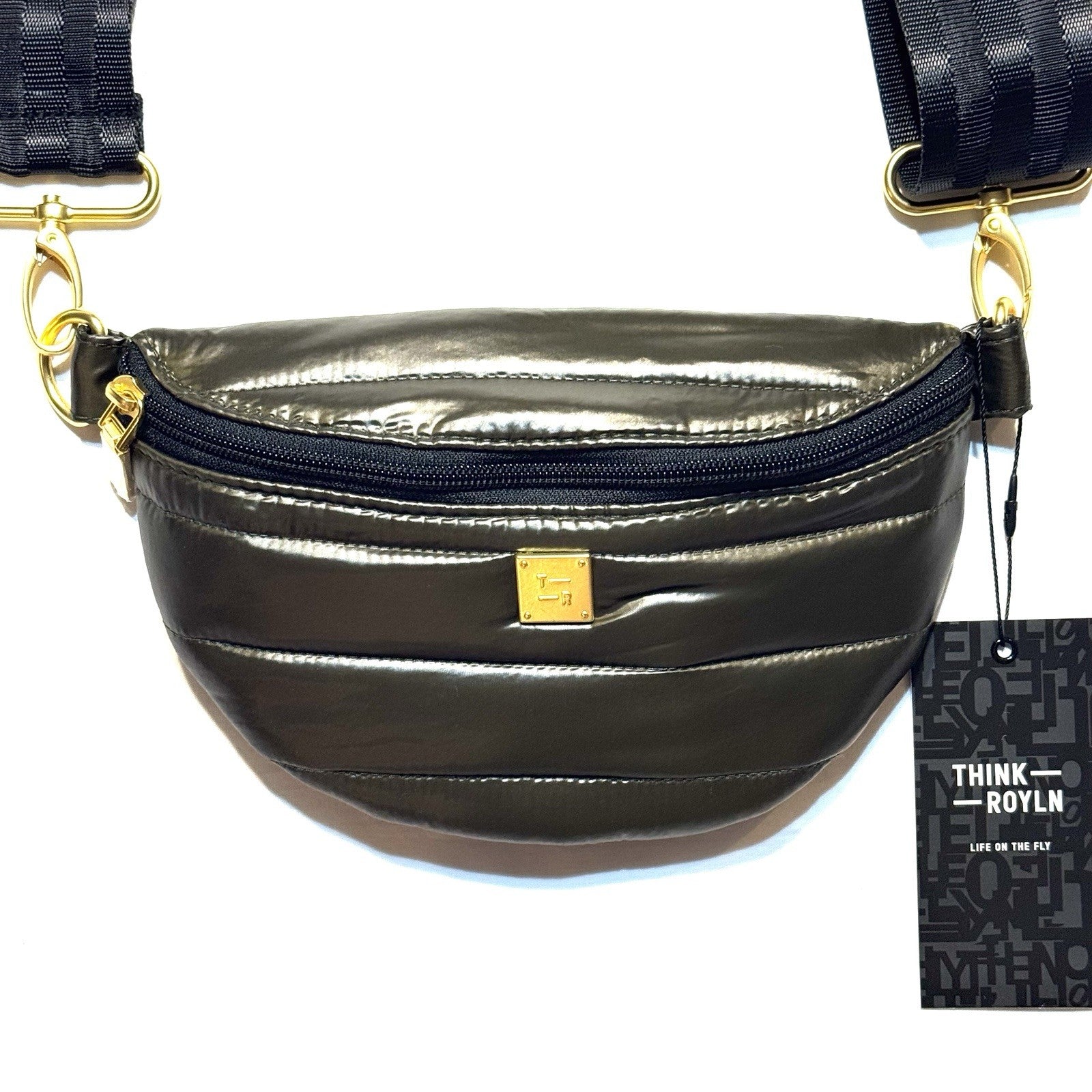 THINK ROYLN Shining Star Crossbody Waist Bag Shiny Dark Olive Green (MSRP $108)