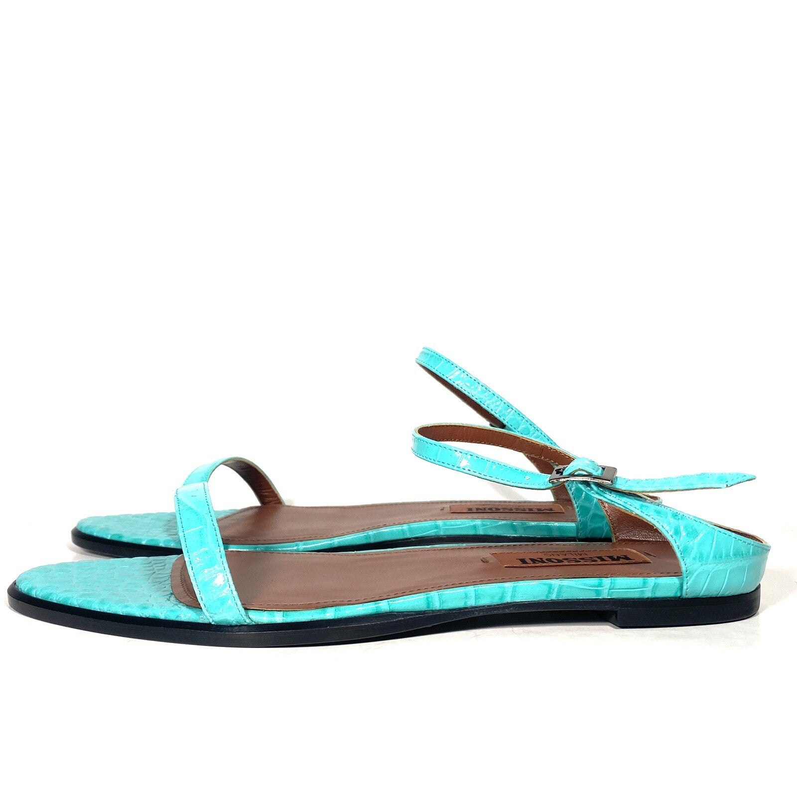 MISSONI Womens Crocodile Embossed Leather Flat Sandals Turquoise (MSRP $810)
