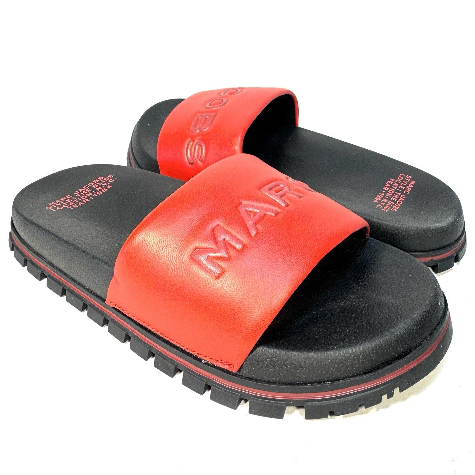 MARC JACOBS Womens The Slide Spellout Logo Leather Sandals Red 5 (MSRP $195)