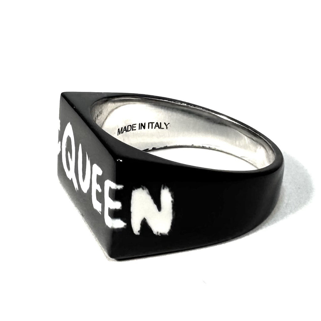 ALEXANDER MCQUEEN Mens Unisex Graffiti Logo Square Ring Black (MSRP $390)