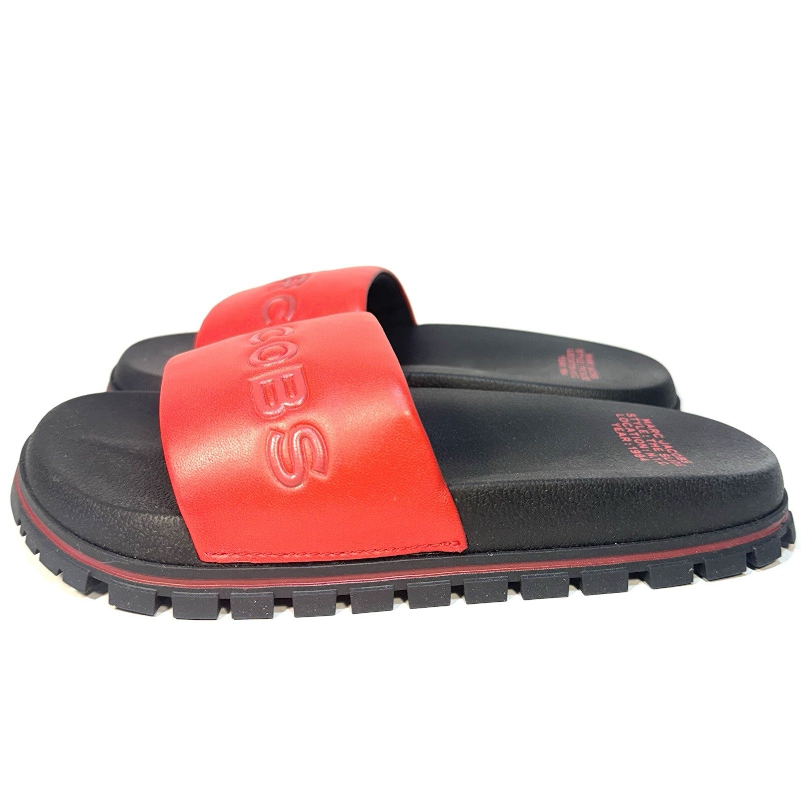 MARC JACOBS Womens The Slide Spellout Logo Leather Sandals Red 5 (MSRP $195)