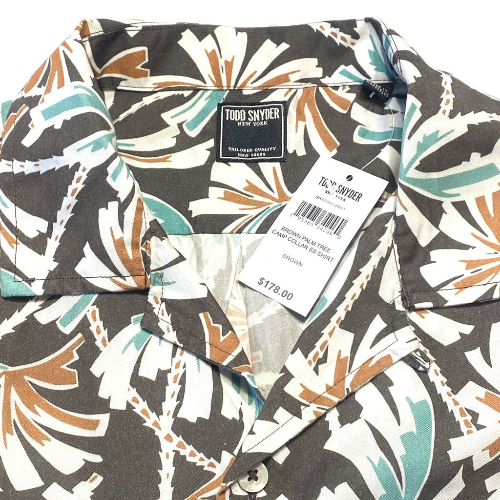 TODD SNYDER Mens Palm Print Camp Collar Short Sleeve Shirt Brown (MSRP $178)