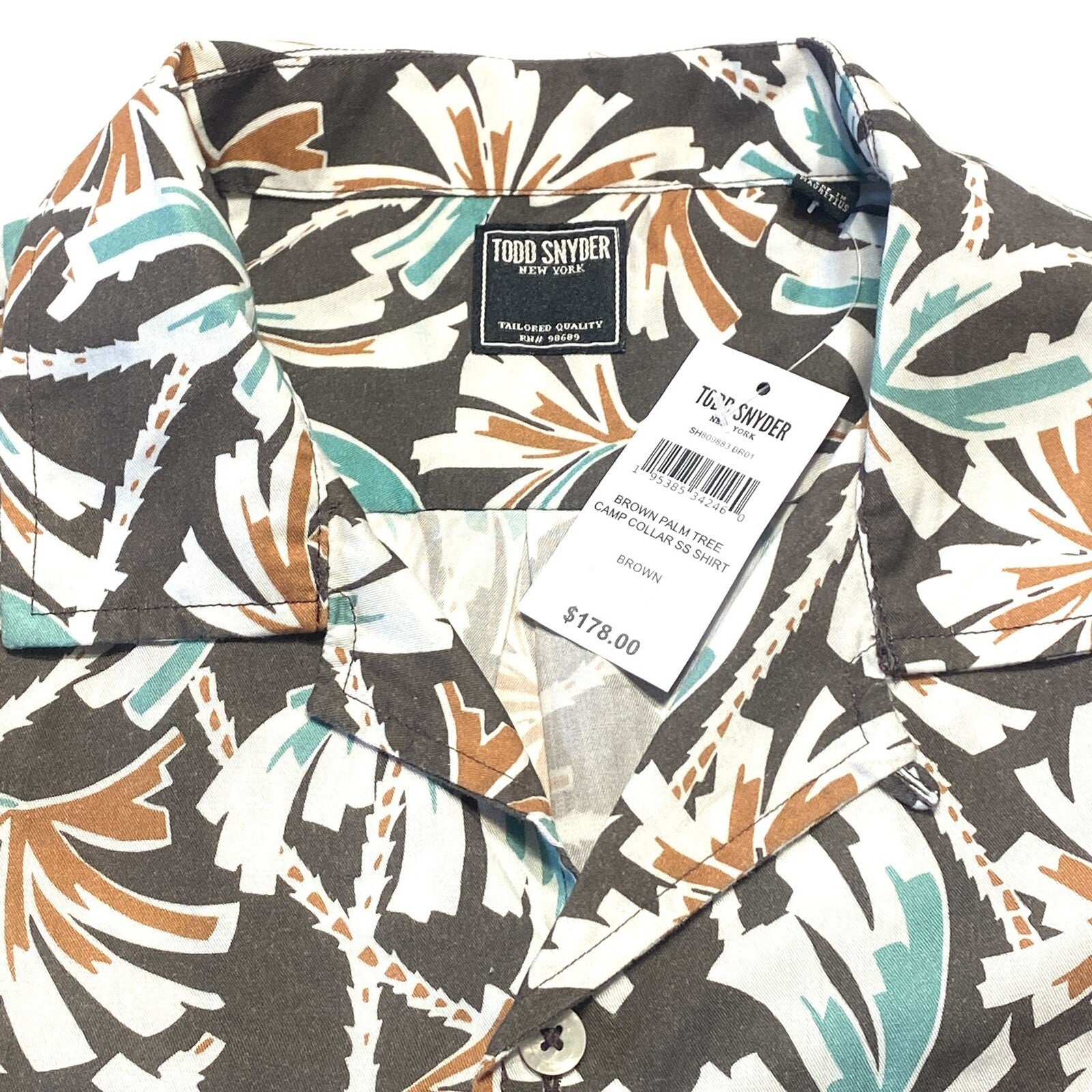 TODD SNYDER Mens Palm Print Camp Collar Short Sleeve Shirt Brown (MSRP $178)