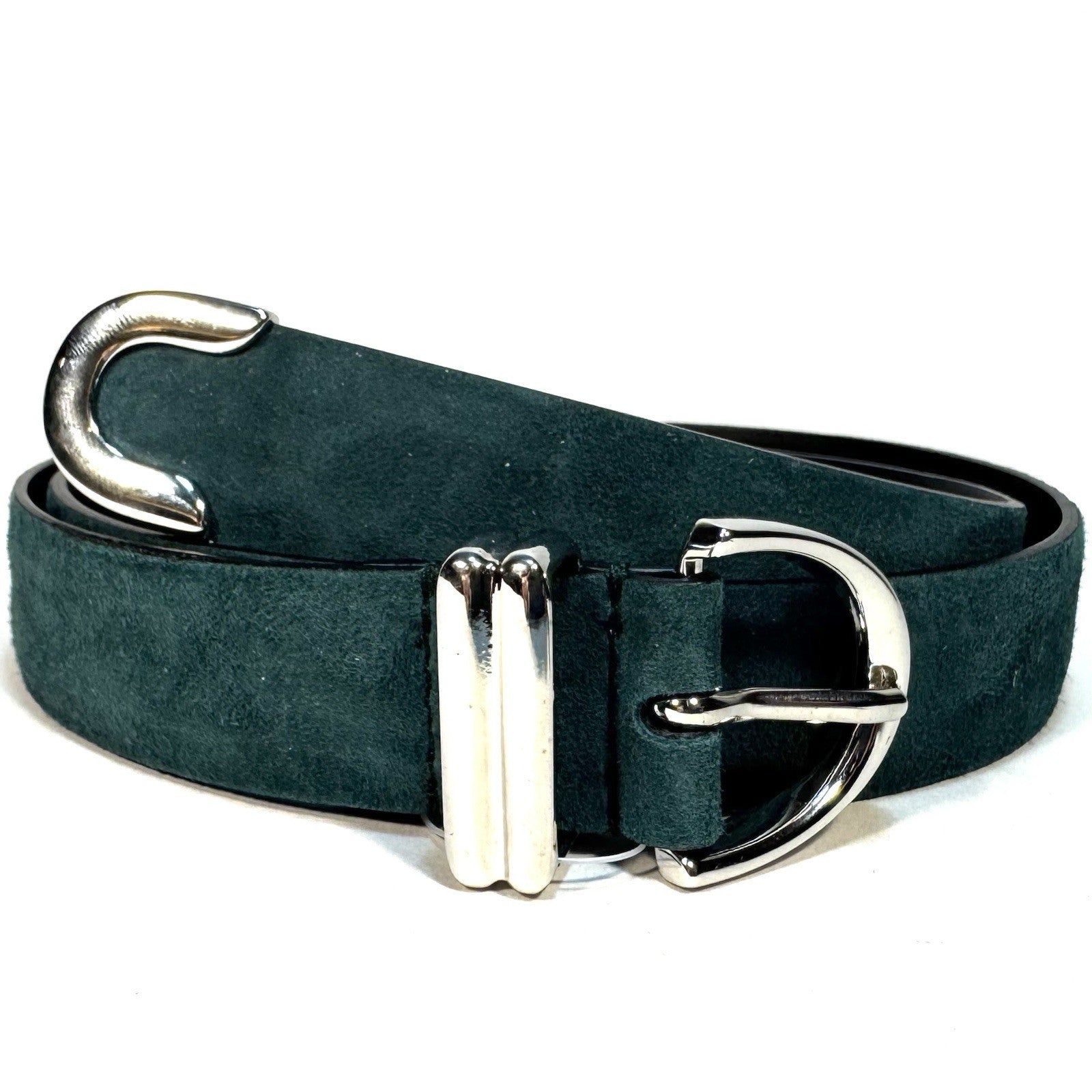 KHAITE Womens Bambi Suede Leather Silver Buckle Skinny Belt Green (MSRP $450)