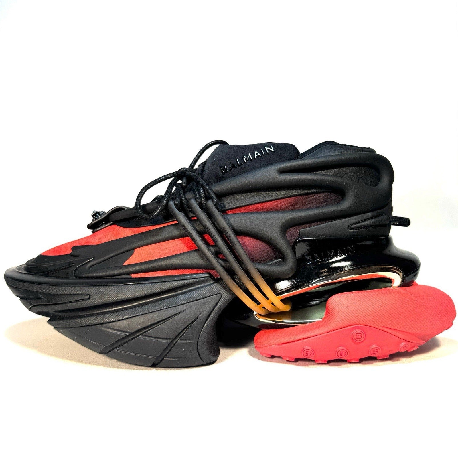 BALMAIN Mens Unicorn Neoprene Leather Low Top Sneakers Red Black (MSRP $1,295)