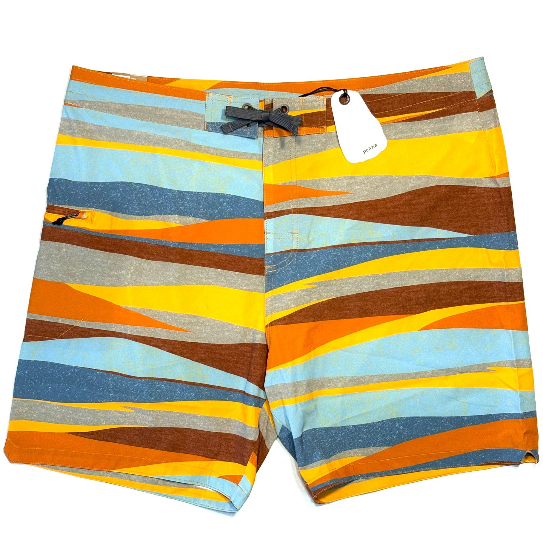 PRANA Mens 7in Fenton Board Shorts Swim Trunks Ochre Stripe Orange 38 (MSRP $65)