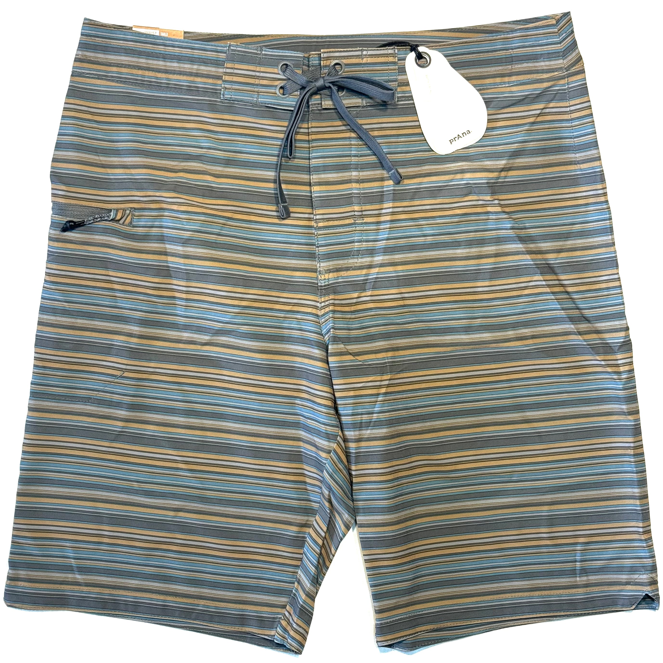 PRANA Mens 9in Fenton Board Shorts Swim Trunks Flint Stripe Grey (MSRP $65)