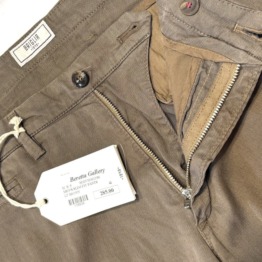 BRIGLIA 1949 Mens Slim Fit Stretch Linen Chino Pants Light Brown 56 (MSRP $285)