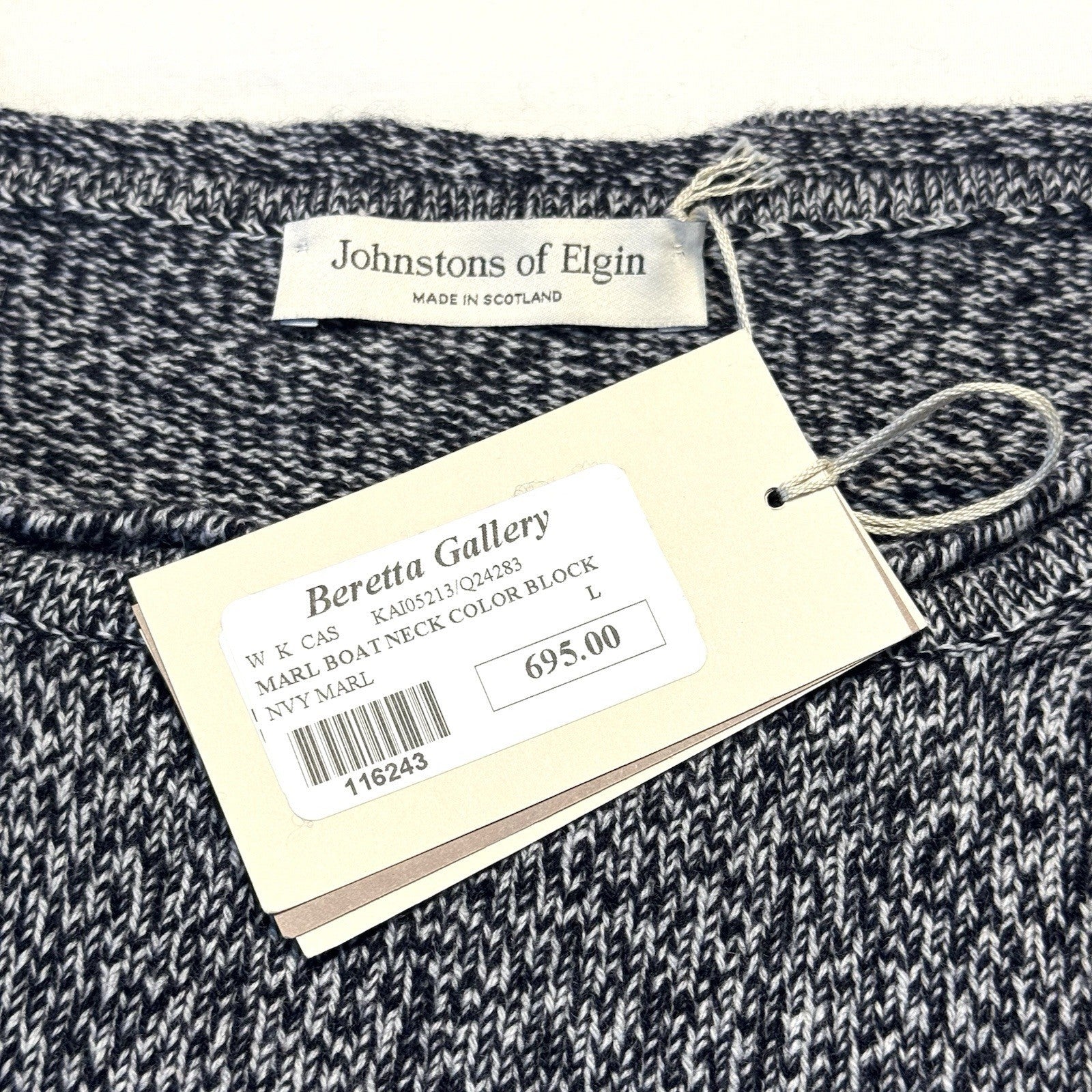 JOHNSTONS OF ELGIN Cashmere Marl Boatneck Colorblock Sweater Blue L (MSRP $695)