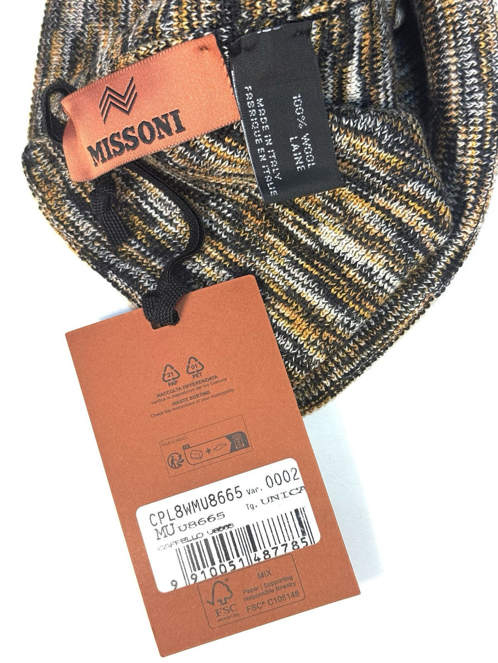 MISSONI Wool Knit Blended Stripe Beanie Winter Hat Gold (MSRP $260)