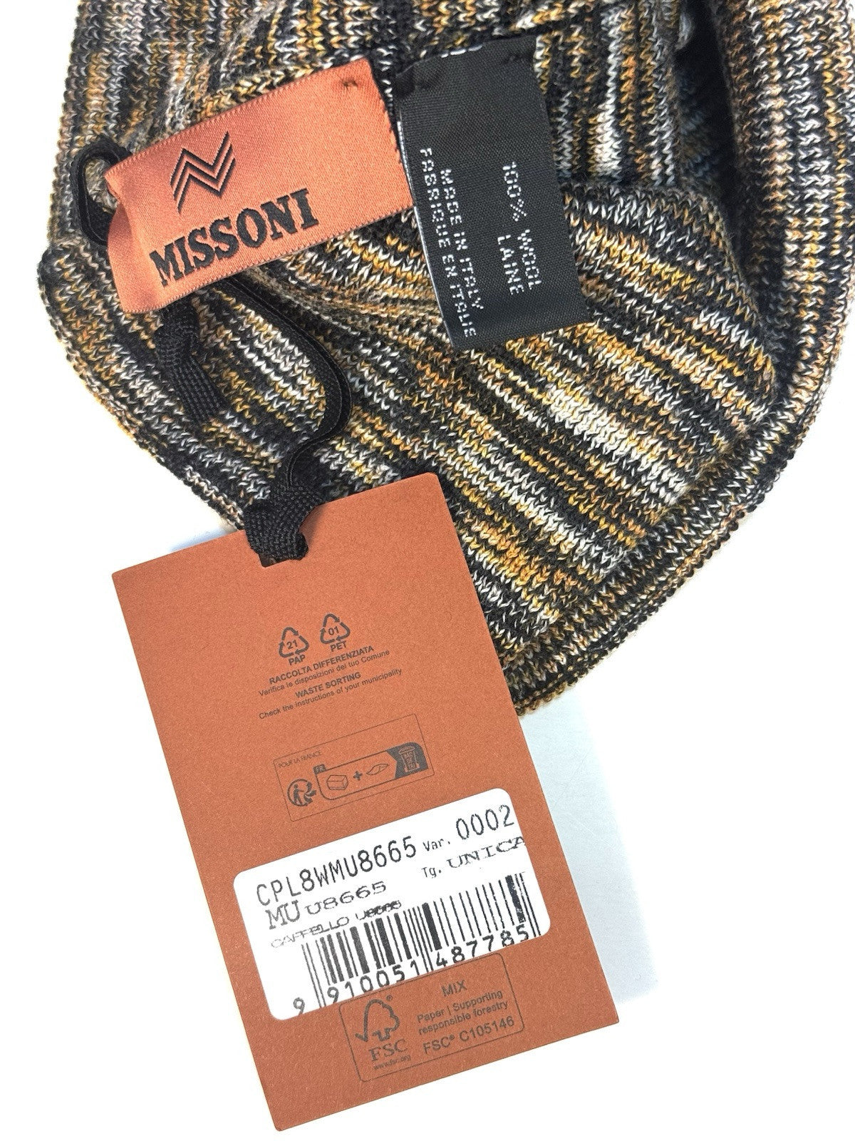 MISSONI Wool Knit Blended Stripe Beanie Winter Hat Gold (MSRP $260)
