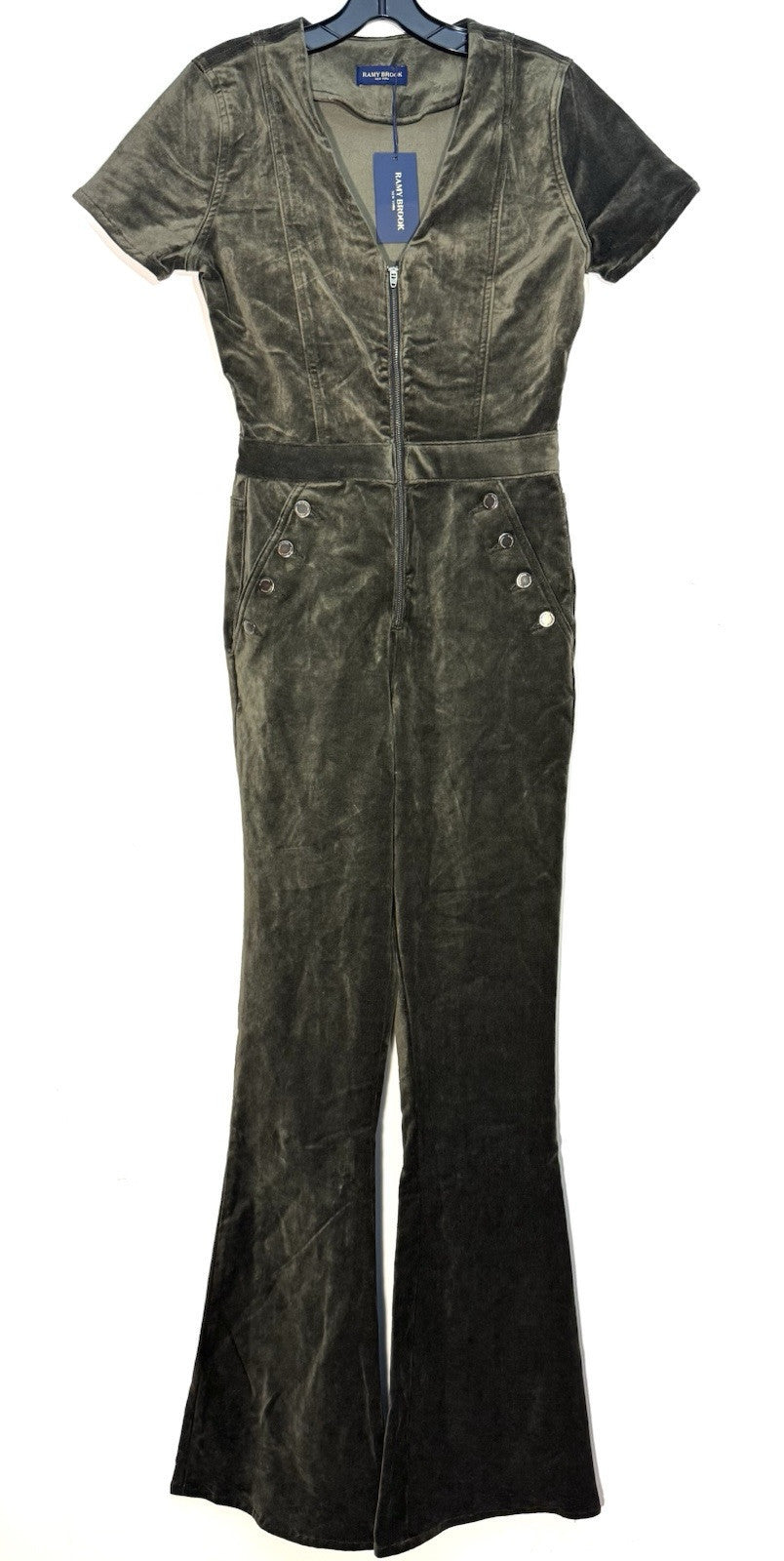 RAMY BROOK Velvet Helena Flared Leg Jumpsuit Clover Green (MSRP $395)