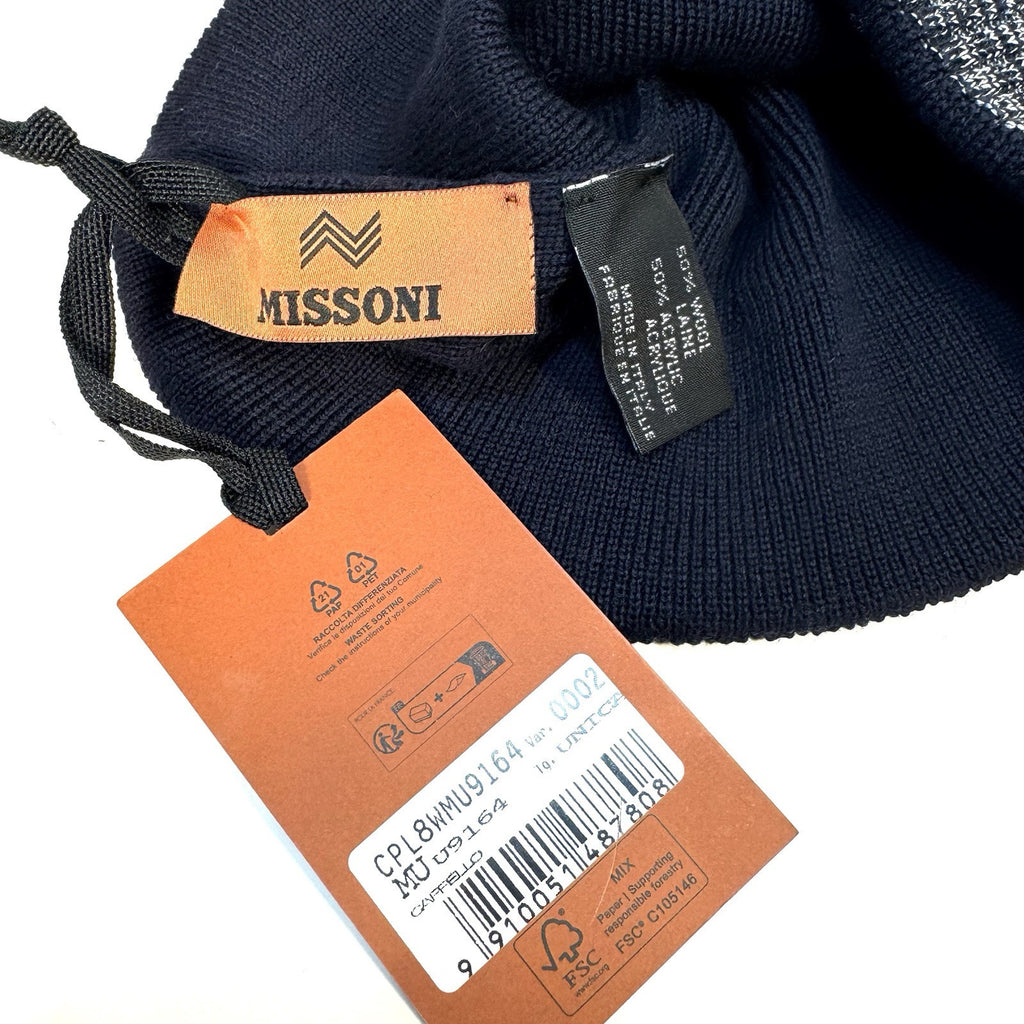 MISSONI Stripe Cuff Wool Blend Knit Beanie Winter Hat Navy Blue (MSRP $260)