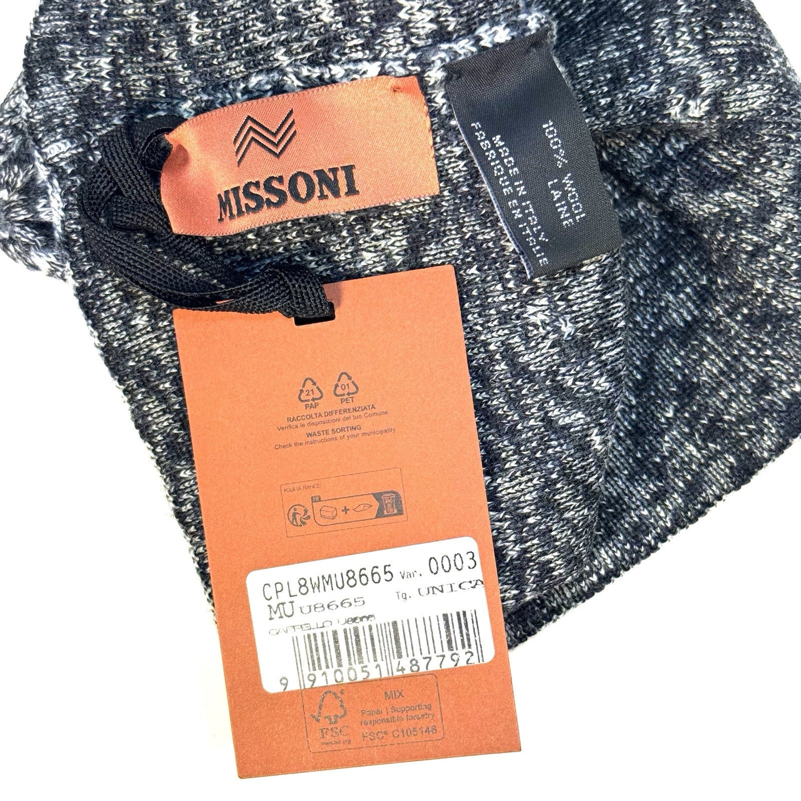 MISSONI Wool Knit Blended Stripe Beanie Winter Hat Black (MSRP $260)