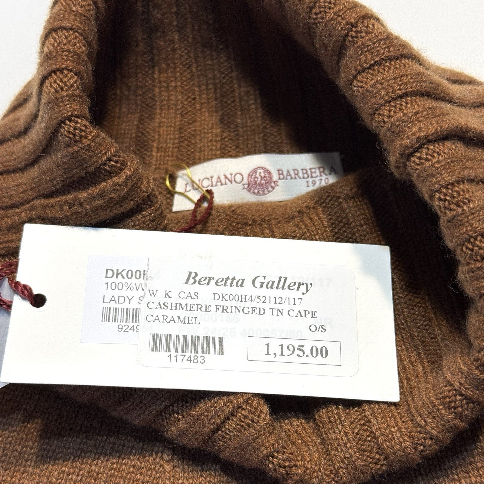 LUCIANO BARBERA Womens Cashmere Fringed Poncho Cape Caramel Brown (MSRP $1,195)