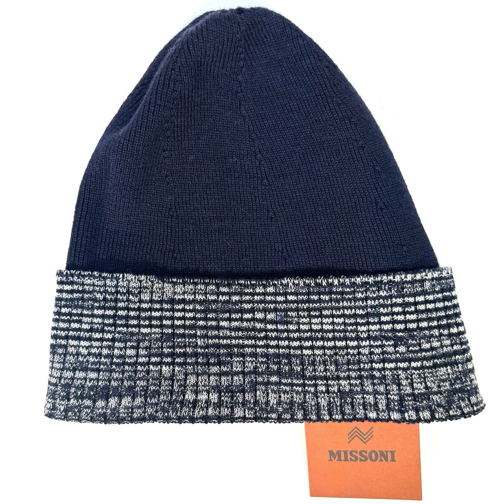 MISSONI Stripe Cuff Wool Blend Knit Beanie Winter Hat Navy Blue (MSRP $260)