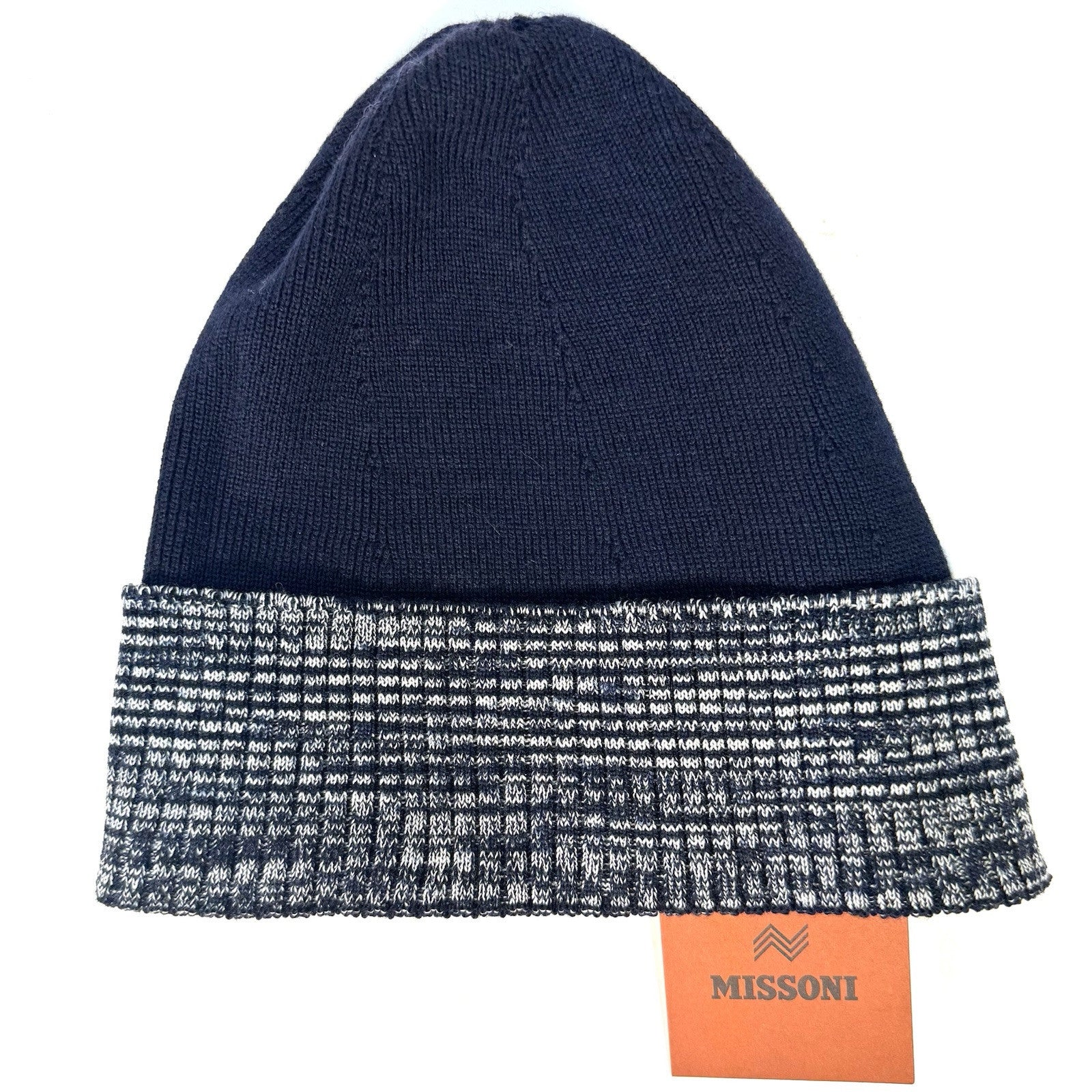 MISSONI Stripe Cuff Wool Blend Knit Beanie Winter Hat Navy Blue (MSRP $260)