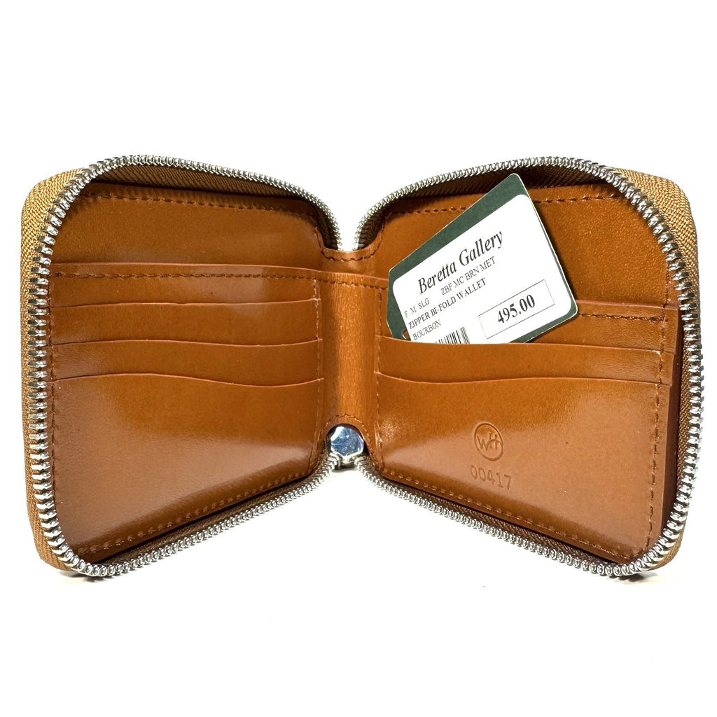 WILLIAM HENRY .925 Silver Meteorite Zip Leather Bifold Wallet Brown (MSRP $495)